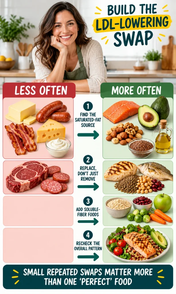 Kitchen food swap guide replacing saturated-fat-rich foods with unsaturated fats, fish, legumes, oats and vegetables
