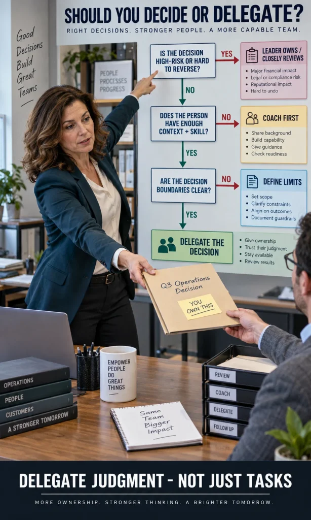Decision tree showing when a leader should decide personally, consult the team or delegate authority.