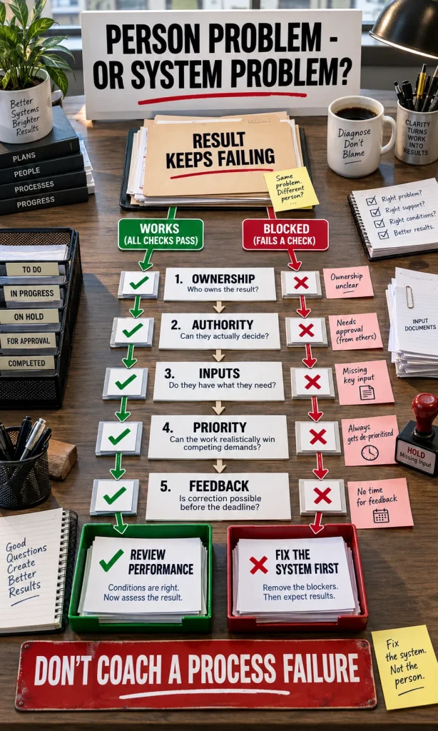 Leadership diagnostic showing five system checks before blaming an employee for repeated performance problems.
