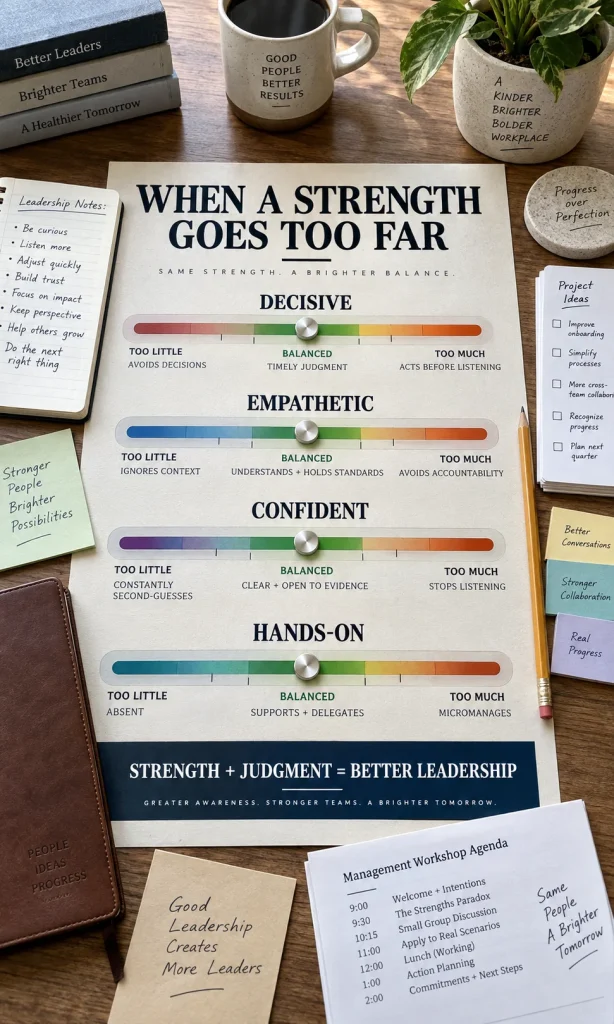 Leadership balance infographic showing how useful leadership qualities can become weaknesses when overused.