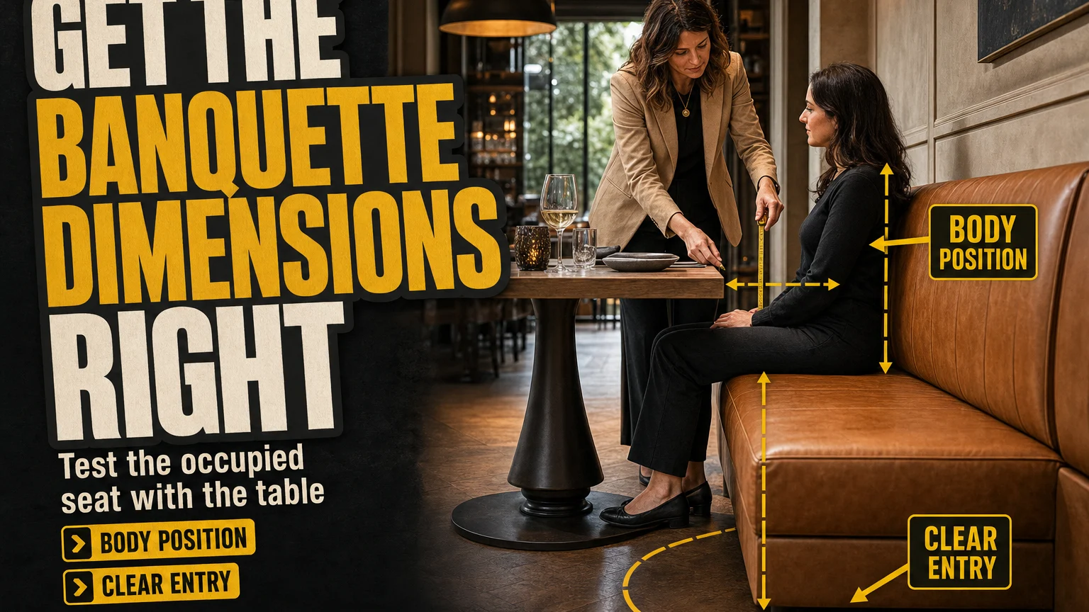 Interior designer measures the relationship between a seated diner, a leather banquette and the dining table, emphasizing body position and clear entry space.