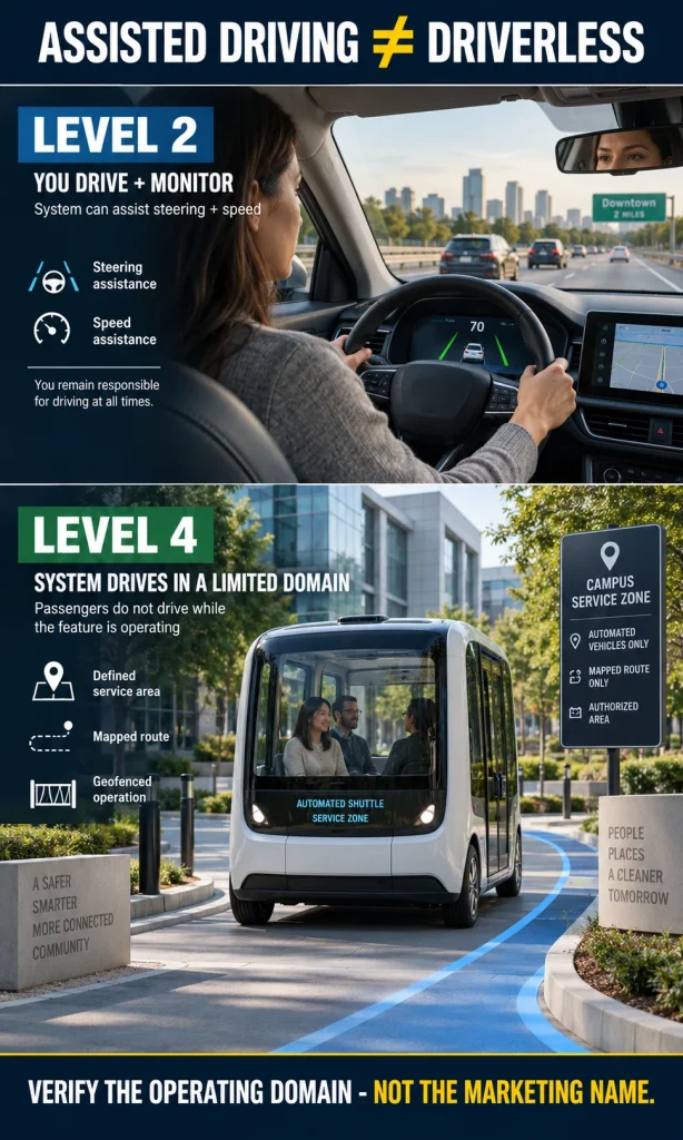 Comparison of supervised Level 2 driving assistance and limited-area Level 4 automation showing who monitors the driving task.