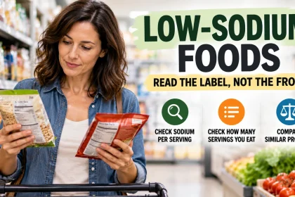 Shopper compares sodium information on two packaged foods in a supermarket while choosing lower-sodium options.