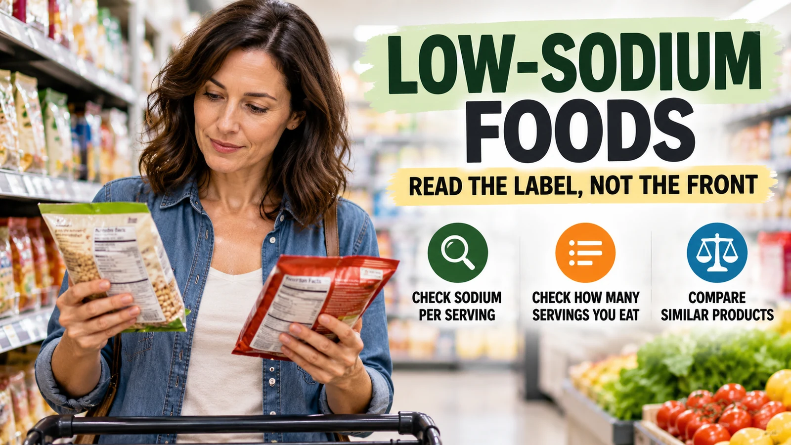 Shopper compares sodium information on two packaged foods in a supermarket while choosing lower-sodium options.