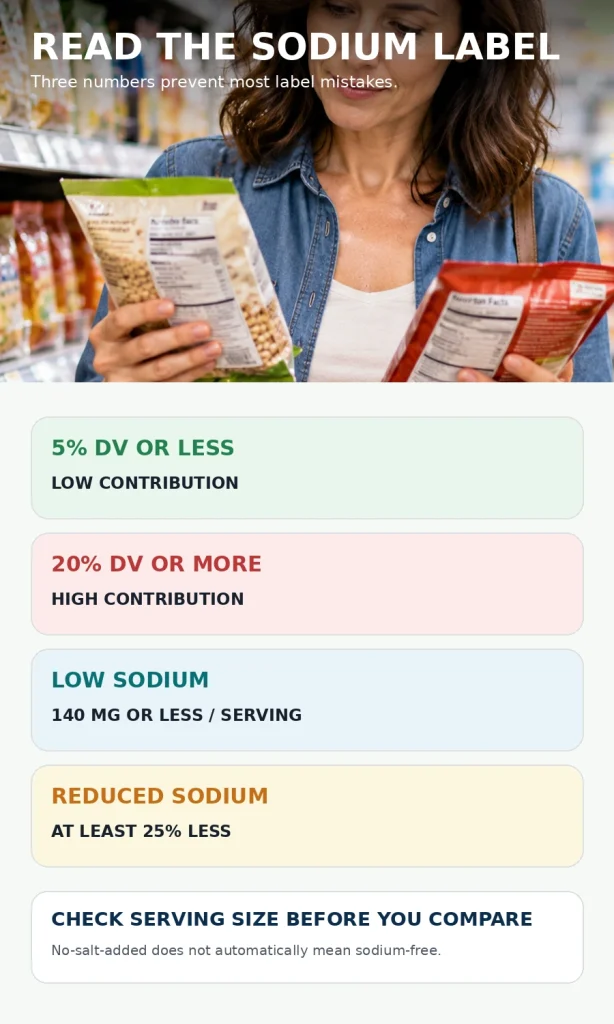 Vertical sodium label guide showing 5% Daily Value as low, 20% as high, and the 140 mg low-sodium serving threshold.