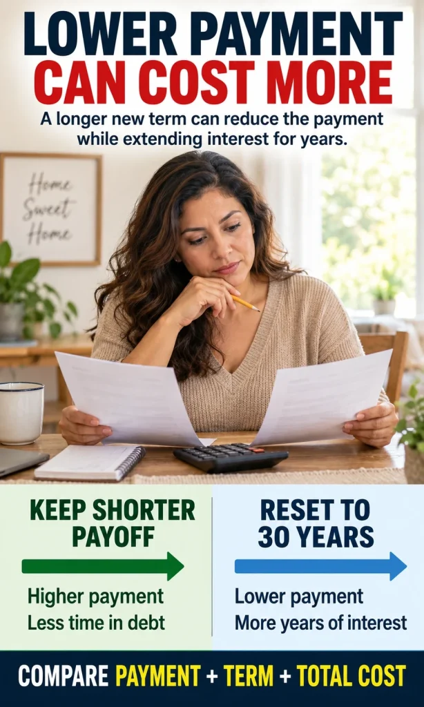 Homeowner comparing a shorter mortgage payoff with a new 30-year refinance, showing that lower monthly payments can mean more years of interest.