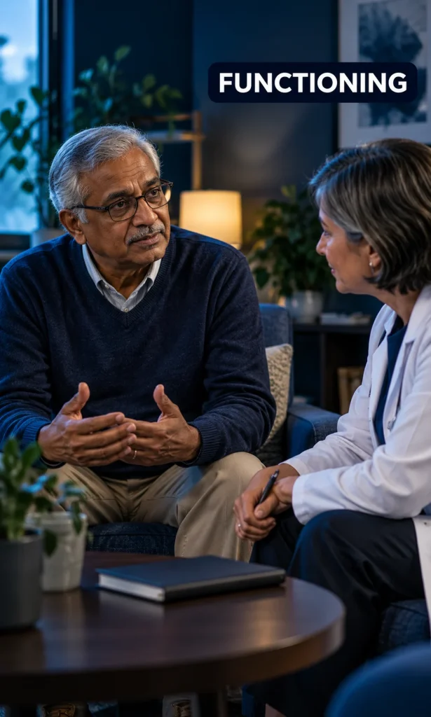 Older man discussing changes in daily functioning with a clinician.