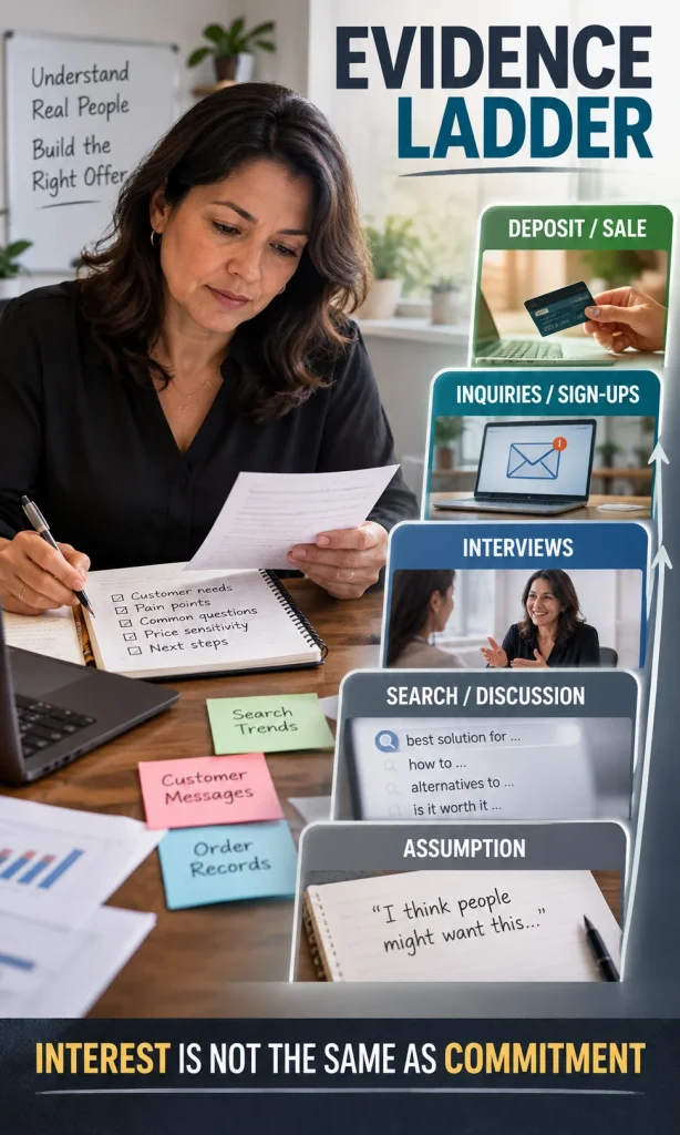 Evidence ladder showing assumptions, search and discussion, interviews, inquiries or sign-ups, and deposits or sales as increasingly useful market signals.