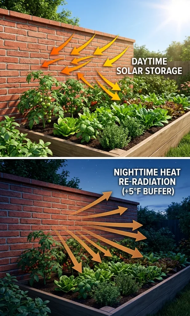 Technical diagram showing thermal heat absorption and night re-radiation of a garden brick wall.