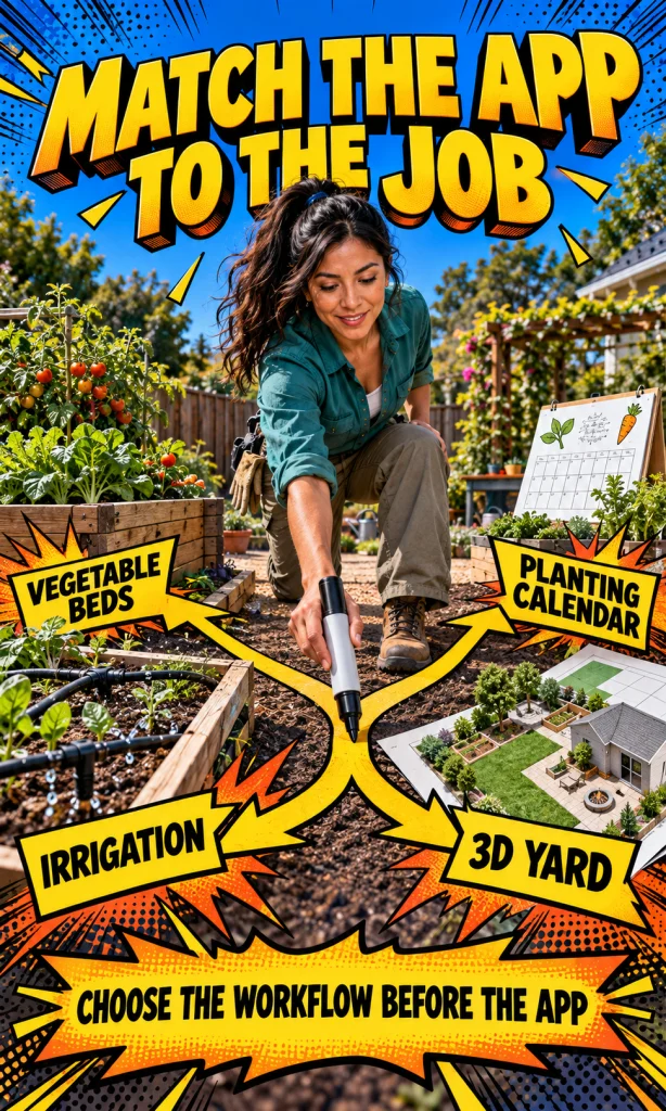 Gardener following a decision path that matches vegetable beds, planting calendar, irrigation or 3D yard work to the right app type