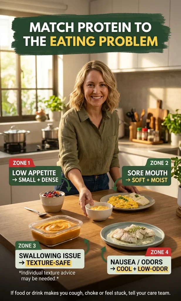 Four-part visual matching protein-food preparation to low appetite, sore mouth, swallowing difficulty and nausea or odor sensitivity during cancer treatment.