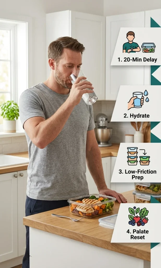 Step-by-step visual workflow explaining how to delay cravings, drink water, and choose high-convenience home meals.