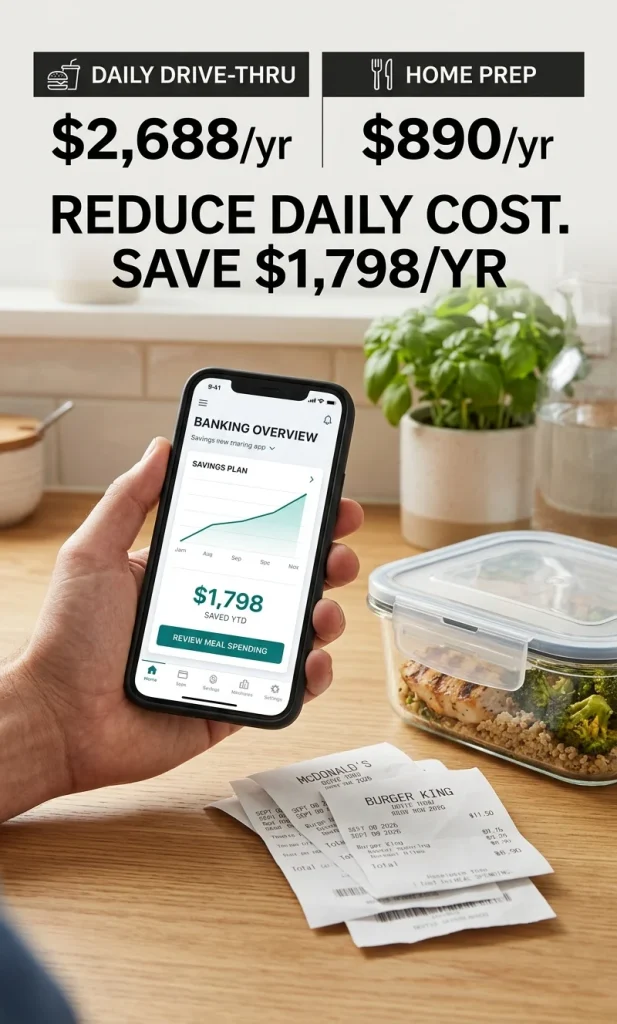 Financial comparison chart illustrating how $14 fast-food transactions accumulate to thousands of dollars in annual spending.