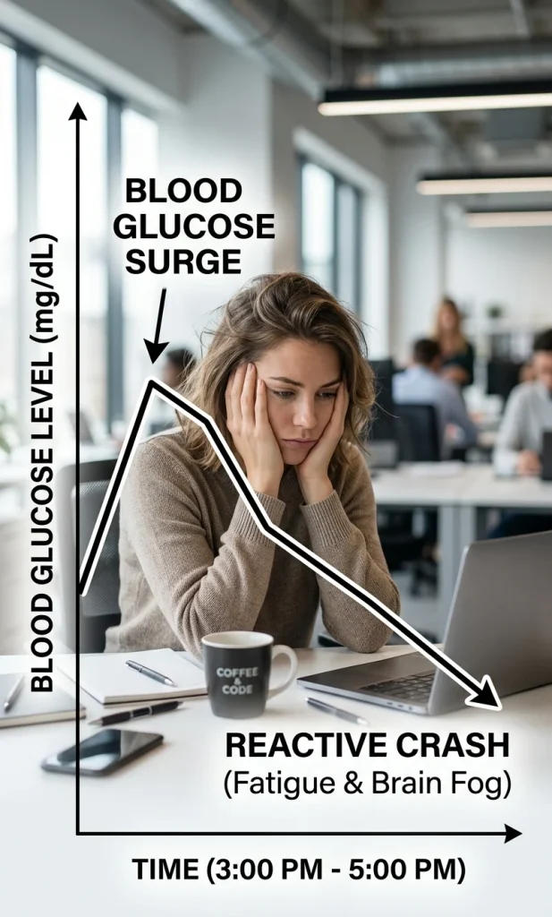 Graphic diagram illustrating blood sugar rising rapidly after ultra-processed meals followed by a steep drop leading to brain fog and fatigue.