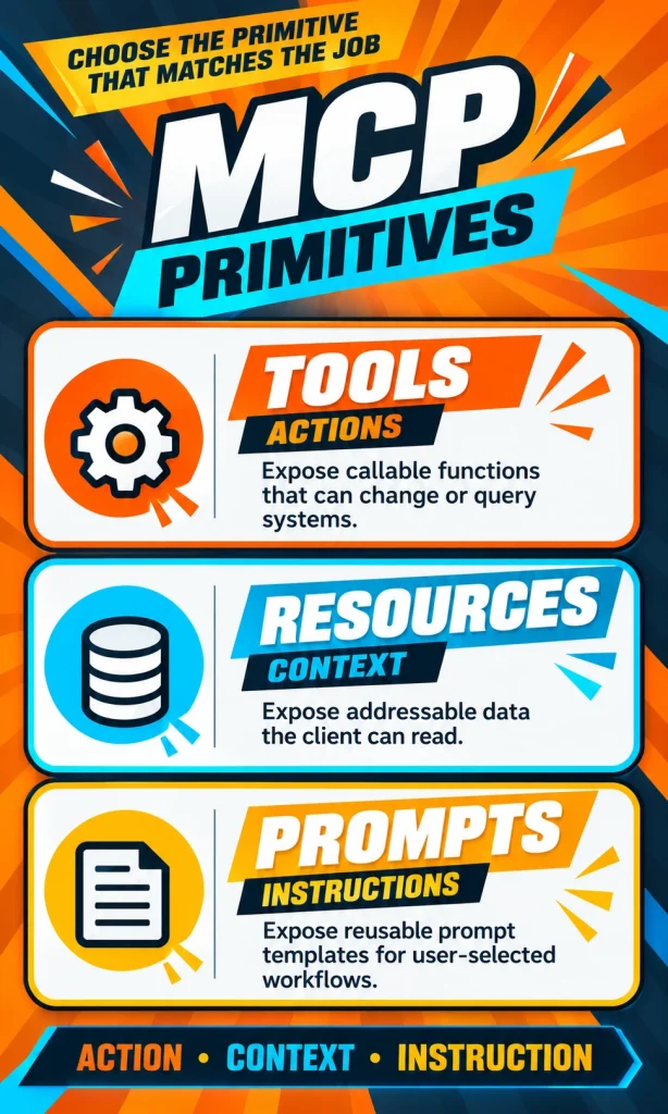 Vertical infographic comparing MCP Tools for actions, Resources for readable context, and Prompts for reusable user-selected instruction templates.
