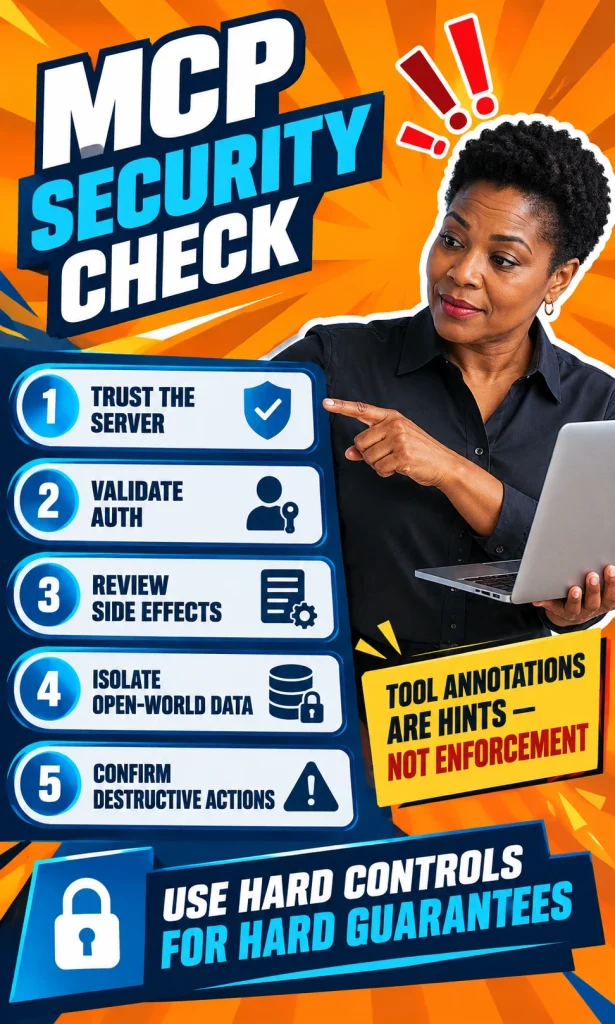 Vertical MCP security checklist showing server trust, authentication validation, side-effect review, open-world data isolation, destructive-action confirmation, and the warning that tool annotations are hints rather than enforcement.