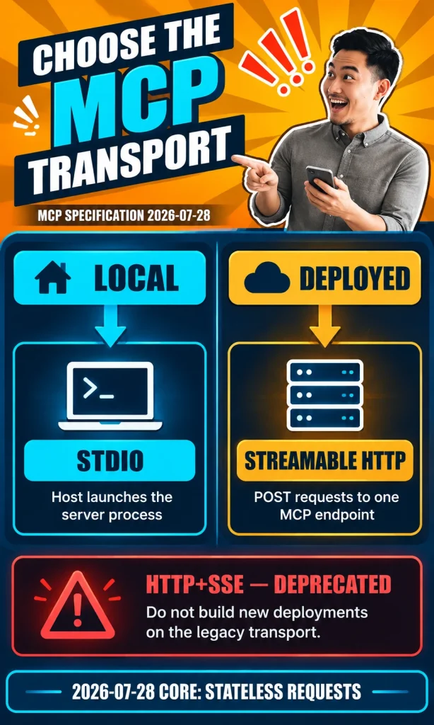 Vertical decision graphic showing stdio for local MCP servers, Streamable HTTP for deployed MCP servers, and legacy HTTP plus SSE as deprecated for new deployments.