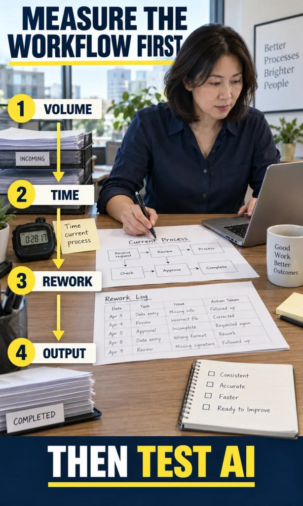 Operations manager measuring a workflow baseline before testing an AI pilot.