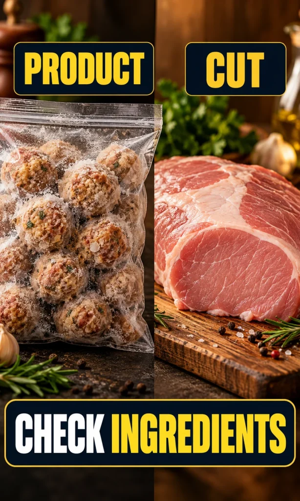 Diagram separating frozen meatballs as a prepared product from plain pork cuts