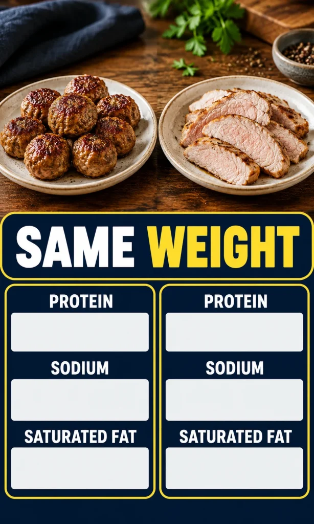 Two equal weight food portions beside label fields for protein sodium and saturated fat