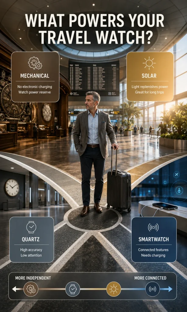 Traveler comparing mechanical, quartz, solar and smartwatch power systems for international travel.