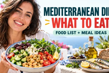 Woman holds a Mediterranean-style chickpea salad beside fish, olive oil, olives and whole-grain bread.