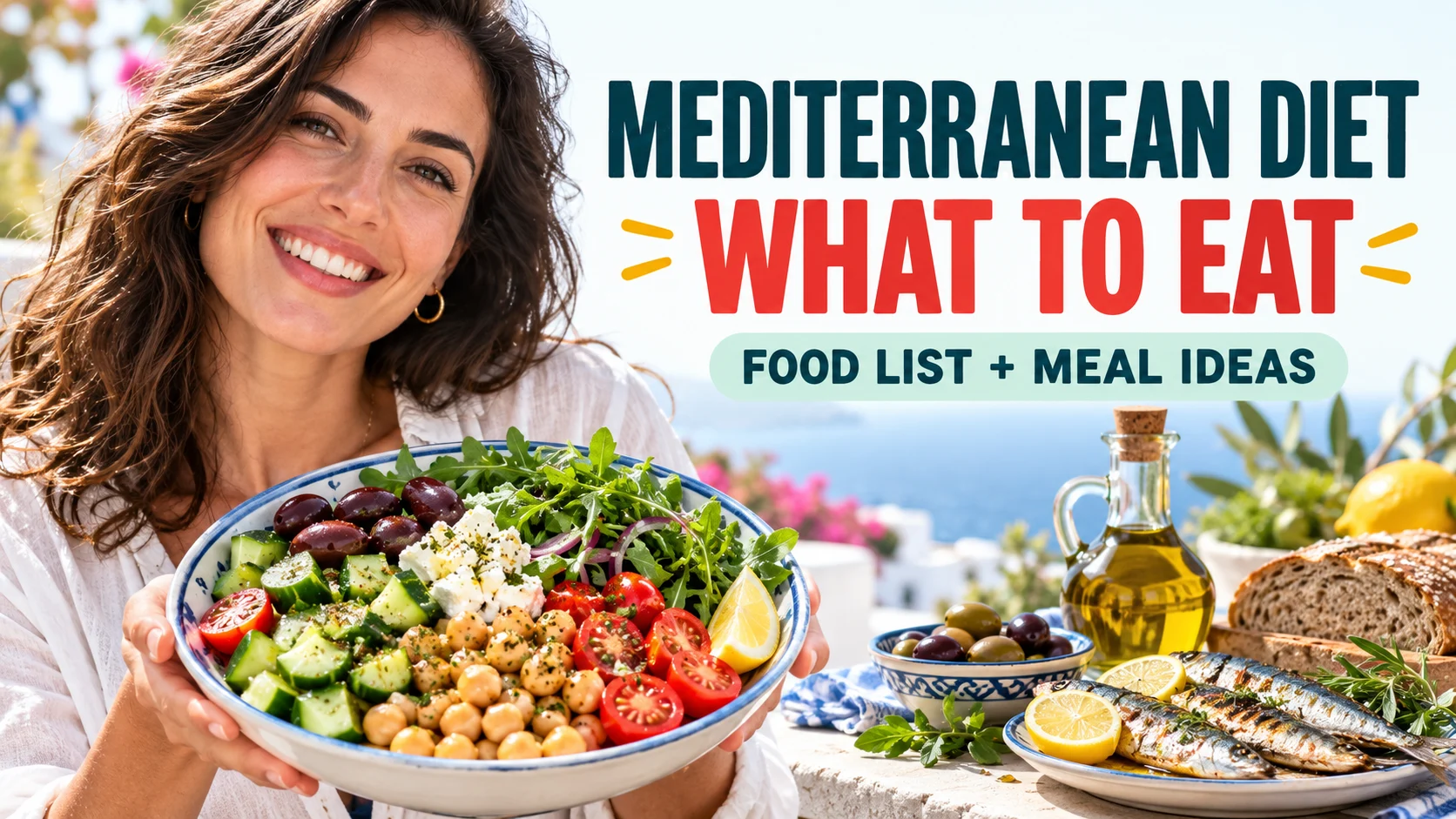 Woman holds a Mediterranean-style chickpea salad beside fish, olive oil, olives and whole-grain bread.