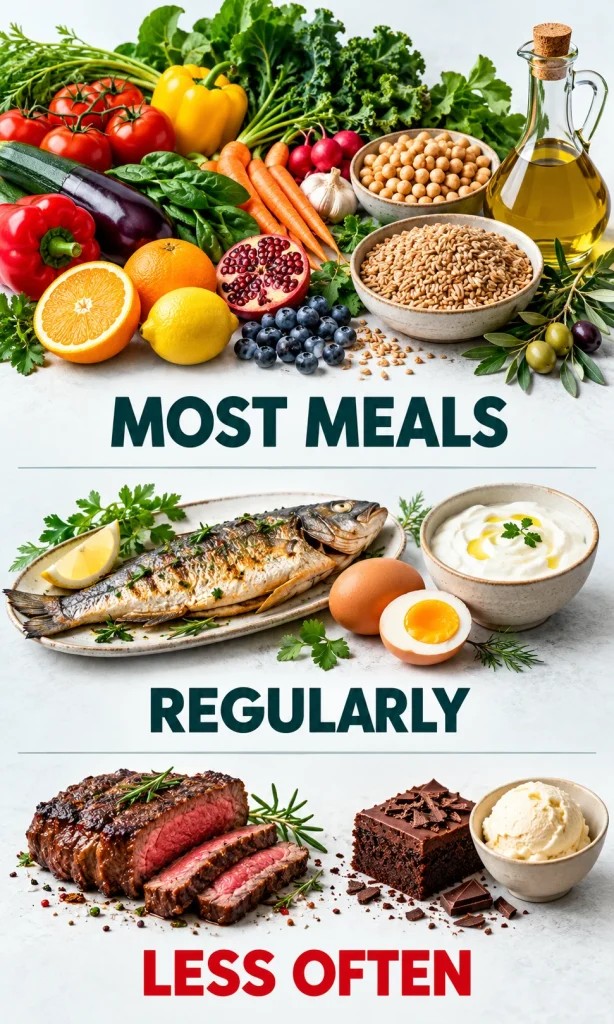 Food frequency guide showing plant staples at most meals, fish regularly, and red meat and sweets less often.