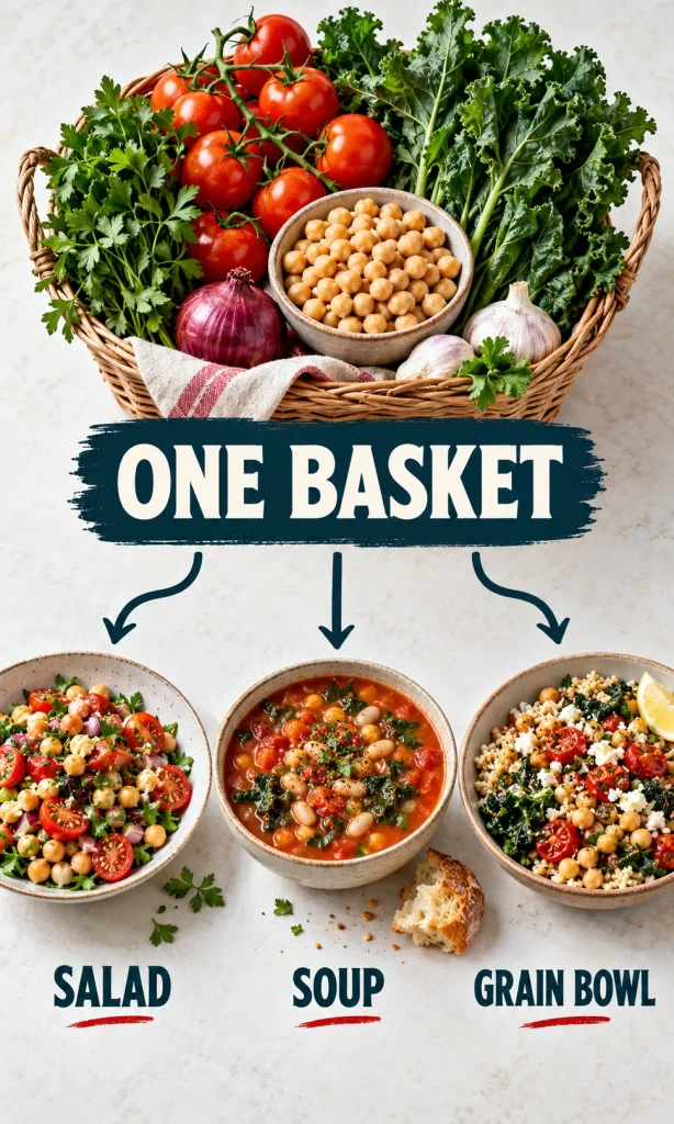Tomatoes, chickpeas and greens reused in a salad, soup and grain bowl.