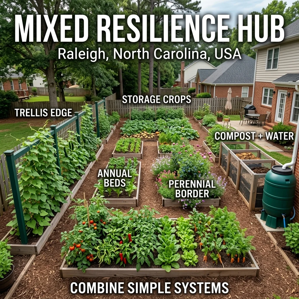 Mixed resilience hub garden in Raleigh, North Carolina, combining annual beds, trellis crops, compost, perennial border, storage-crop area, and a water point.