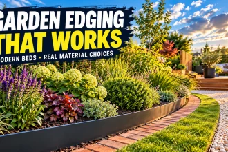 Curved metal garden bed edge beside a brick mowing strip and gravel path in a planted modern garden.