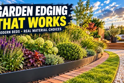 Curved metal garden bed edge beside a brick mowing strip and gravel path in a planted modern garden.