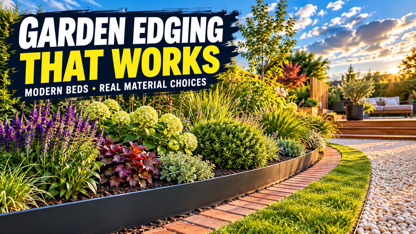 Curved metal garden bed edge beside a brick mowing strip and gravel path in a planted modern garden.
