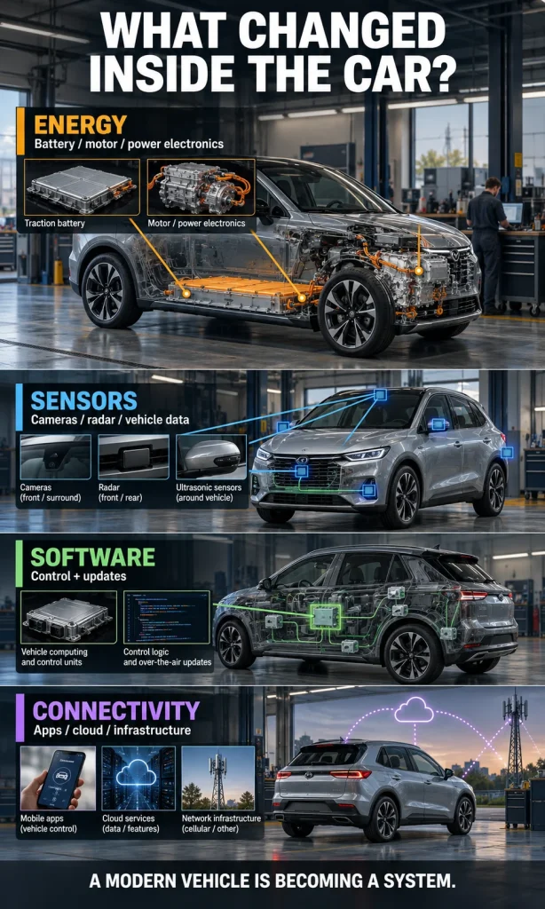 Layered vehicle systems illustration showing energy hardware, sensors, software control and connectivity as separate parts of a modern car.