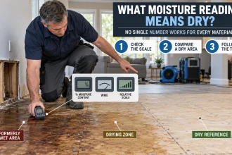 Restoration technician checking a water-damaged subfloor with a moisture meter while comparison callouts show meter scale, dry reference area, and affected area.