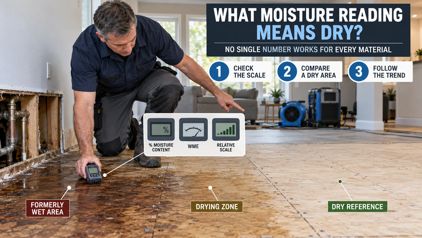 Restoration technician checking a water-damaged subfloor with a moisture meter while comparison callouts show meter scale, dry reference area, and affected area.