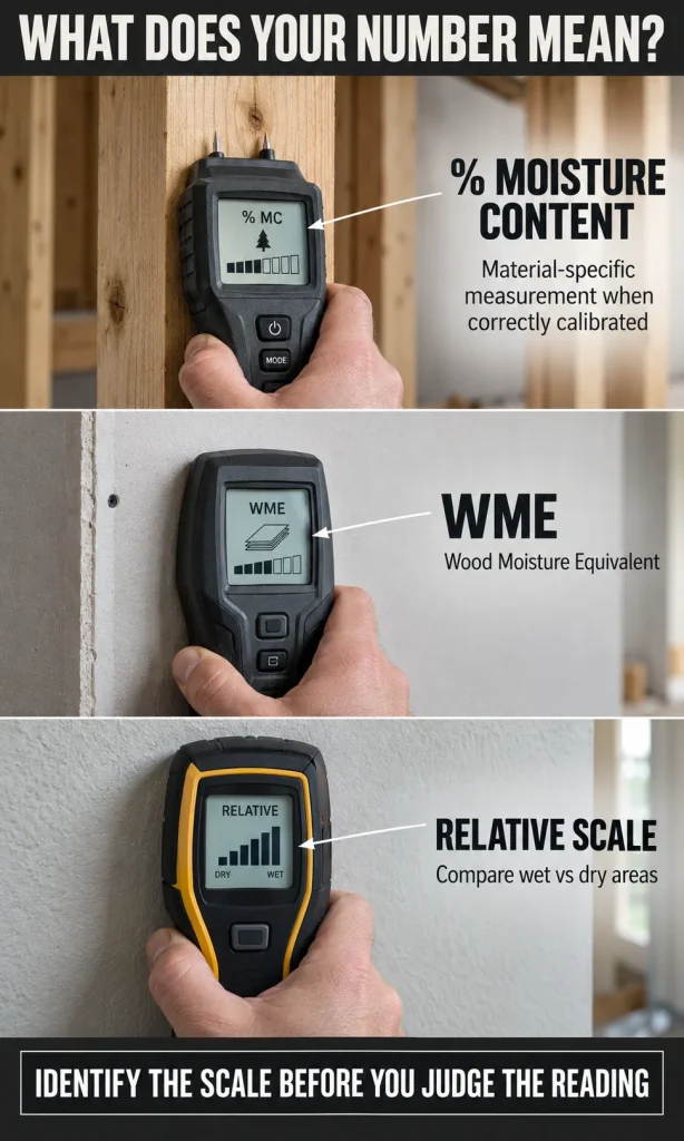 Three moisture-meter displays compared side by side showing percentage moisture content, WME, and relative scale interpretations.