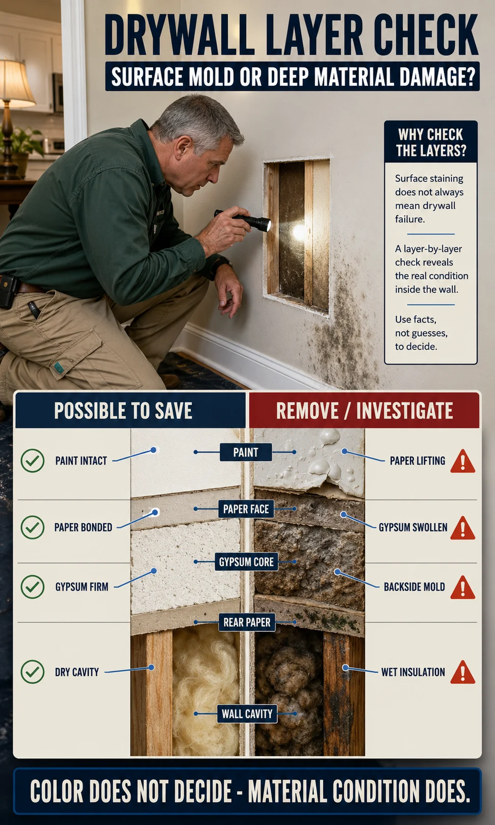 Restoration specialist inspecting drywall layers to compare salvageable surface mold with moisture-damaged wallboard requiring removal