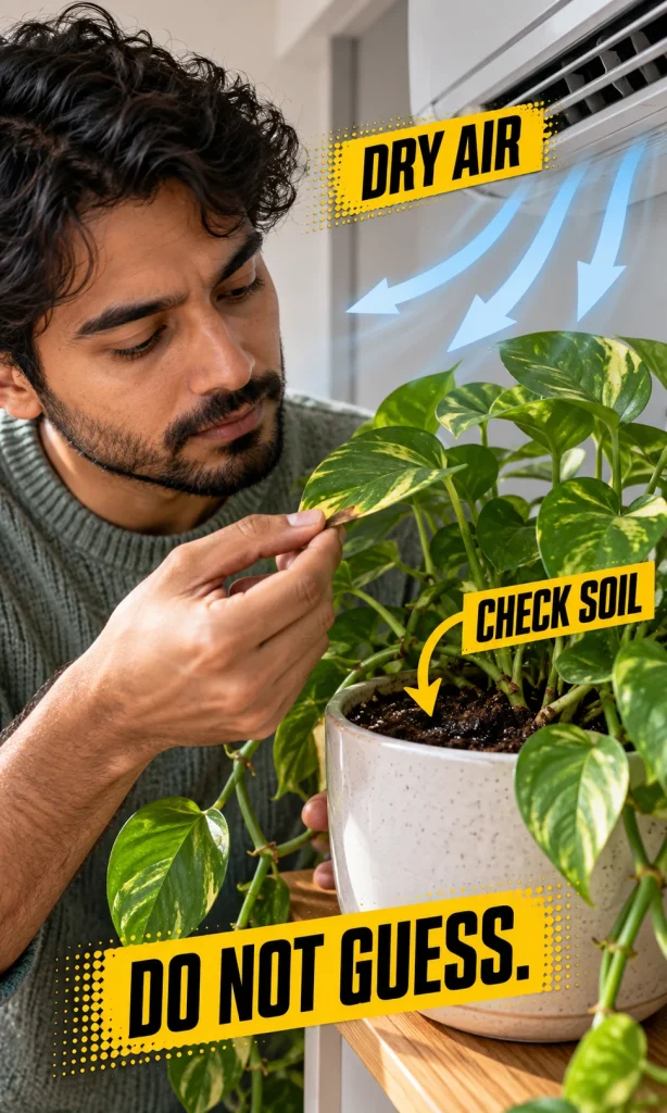 AC airflow dries a leaf edge while the potting mix remains damp, so a hand checks soil before watering
