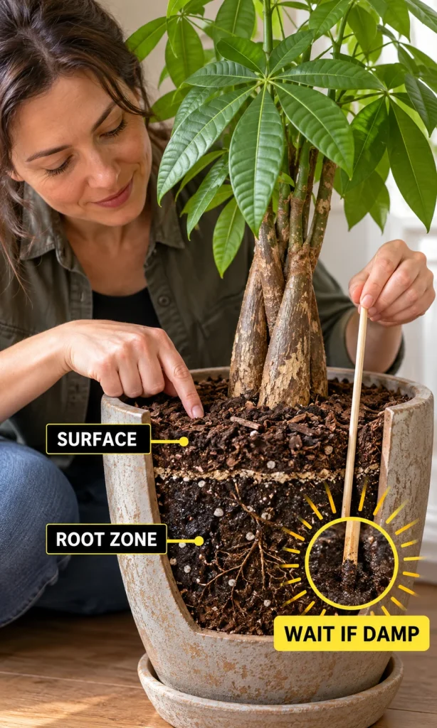 Finger checks upper mix while a wooden skewer checks moisture deeper in a money-tree pot