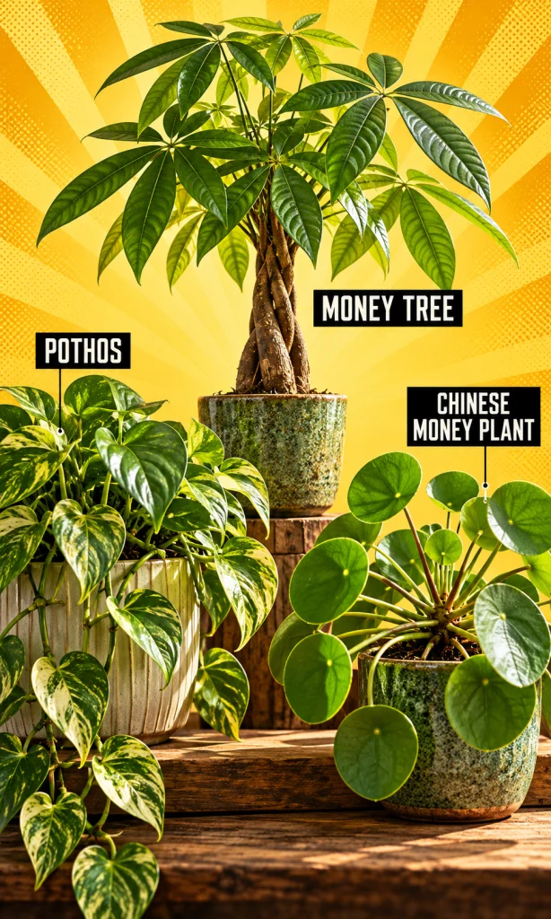 Heart-shaped pothos vine, fan-leaflet money tree and round-leaf Pilea compared by plant structure