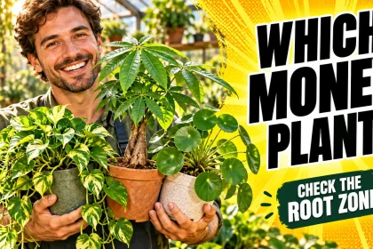 Gardener holding pothos, money tree and Chinese money plant to compare three plants called money plant.