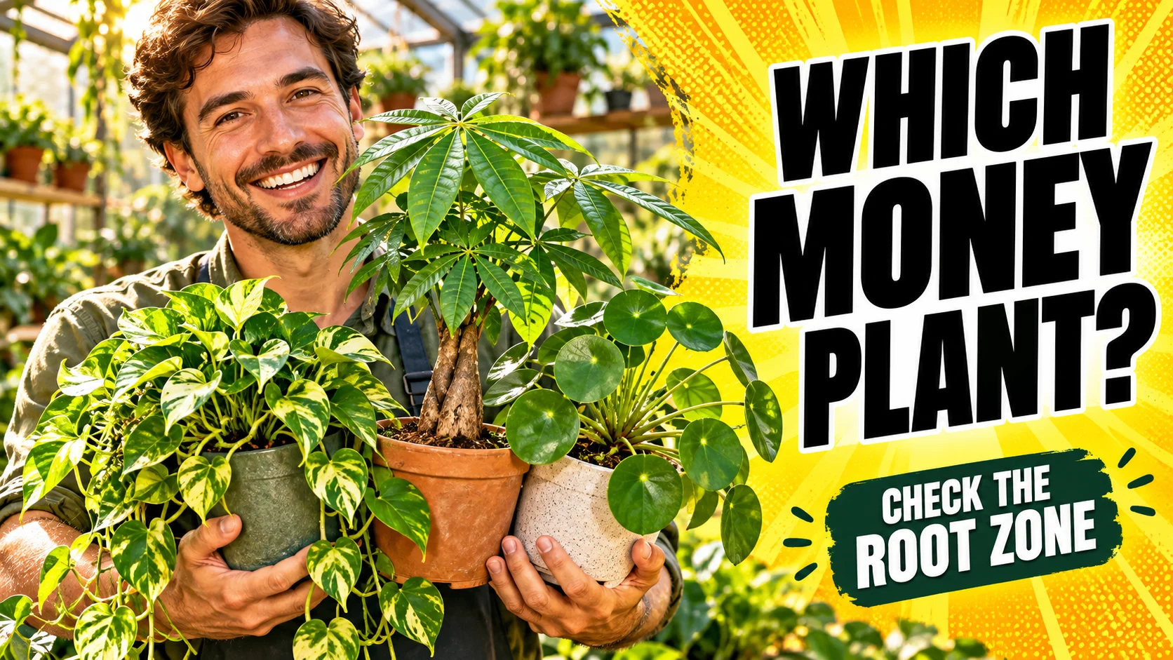 Gardener holding pothos, money tree and Chinese money plant to compare three plants called money plant.