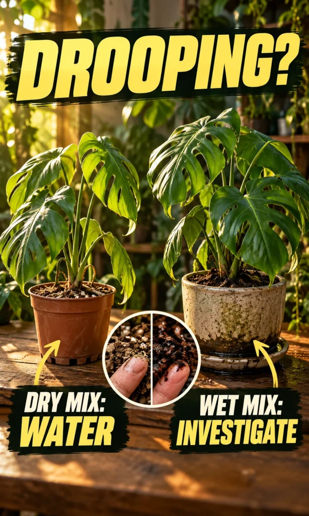 Two Monstera pots with drooping leaves contrasted by dry and wet soil checks