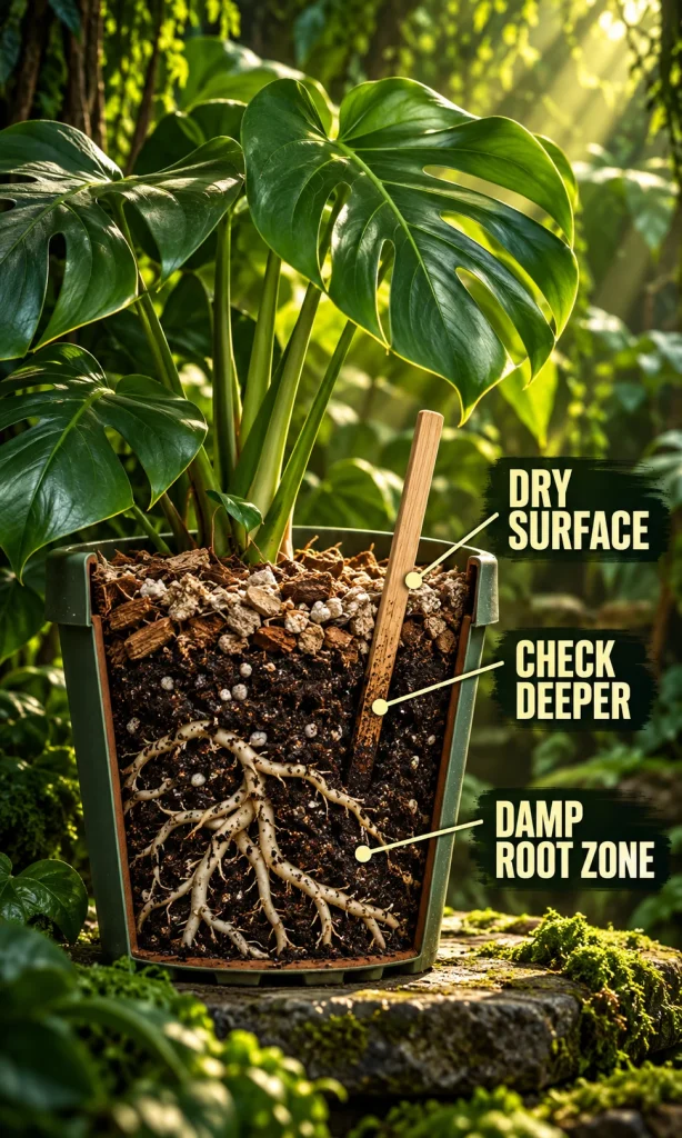 Cutaway of a Monstera pot showing a dry surface and damp lower root zone