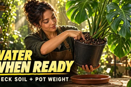Woman checking potting mix while lifting a Monstera deliciosa pot to compare its weight