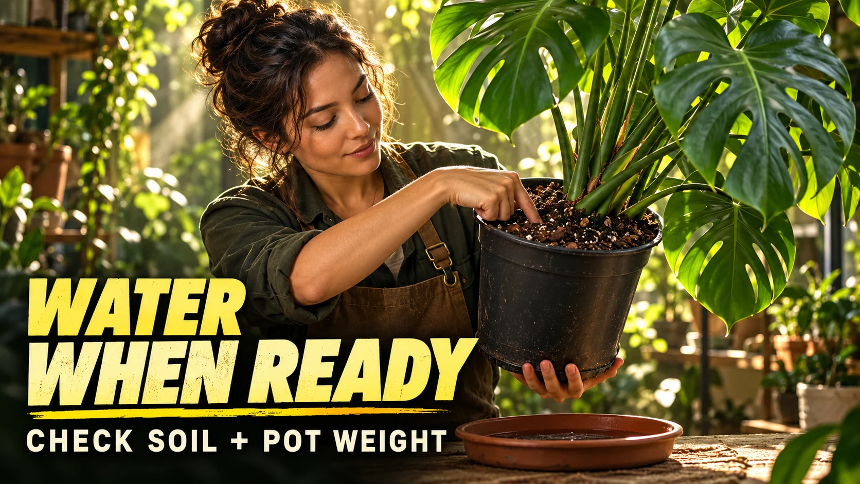 Woman checking potting mix while lifting a Monstera deliciosa pot to compare its weight