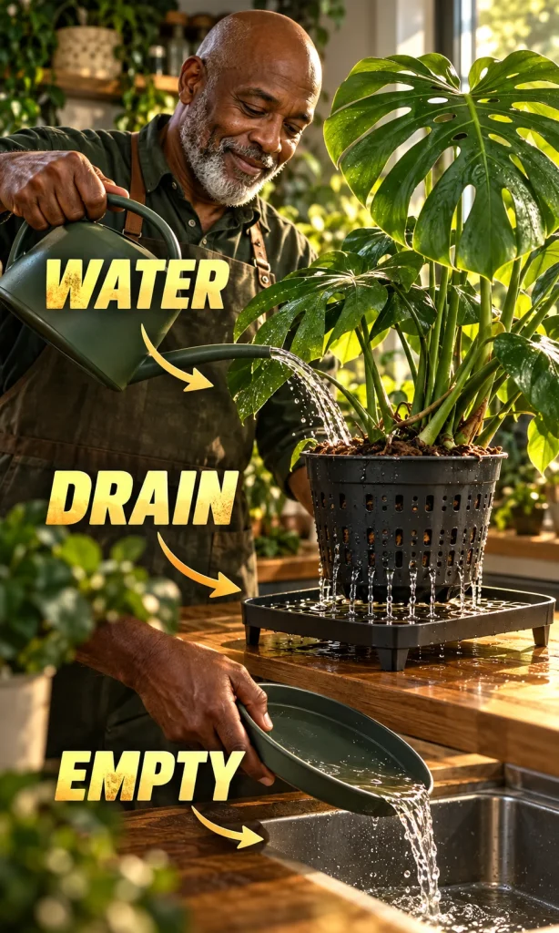 Gardener watering a Monstera nursery pot and emptying water from its outer container