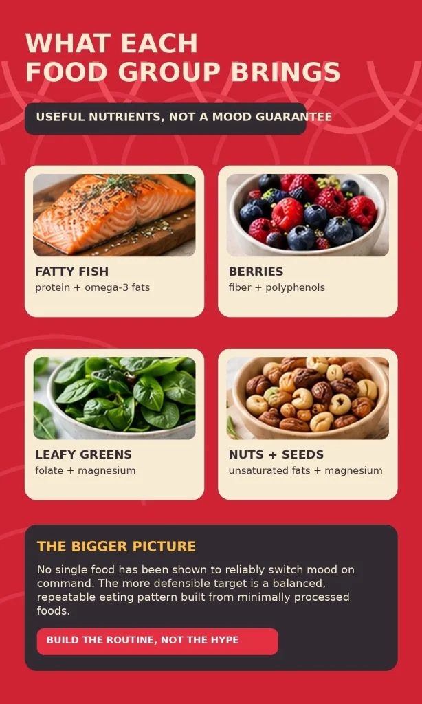 Red editorial food group infographic showing fatty fish, berries, leafy greens, and nuts and seeds as nutrient-rich parts of a balanced eating pattern