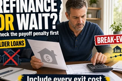 Homeowner compares an existing mortgage payoff document with a refinance option while weighing whether to refinance now or wait for a prepayment penalty to expire.